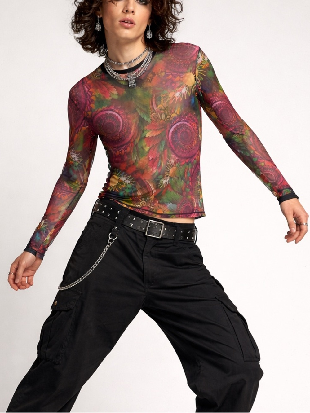 KNOBS Mens Mesh Sheer Graphic Top S Psychedelic Grunge Streetwear LGBTQ
